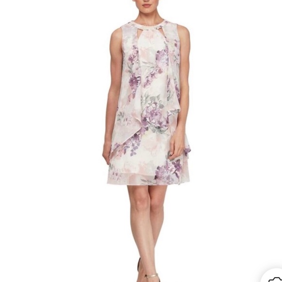 S.L. Fashions Women's Sleeveless Cutout Pearl Neck Dress, Ivory and Flora Size 6 - Picture 1 of 17